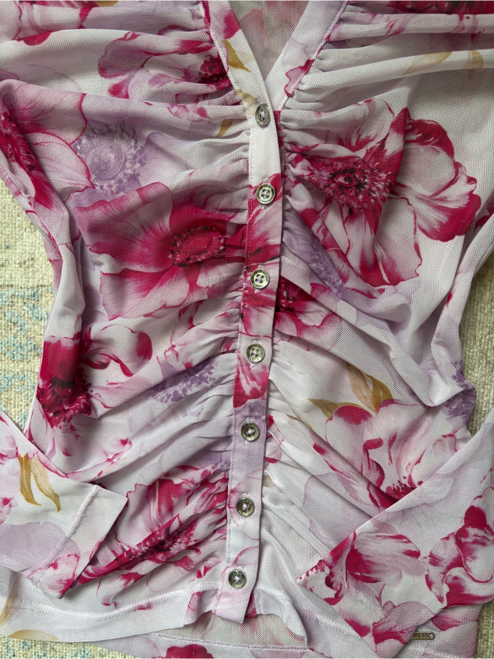 Express Pink Floral Ruched Button-Down Top - Picture 2 of 6